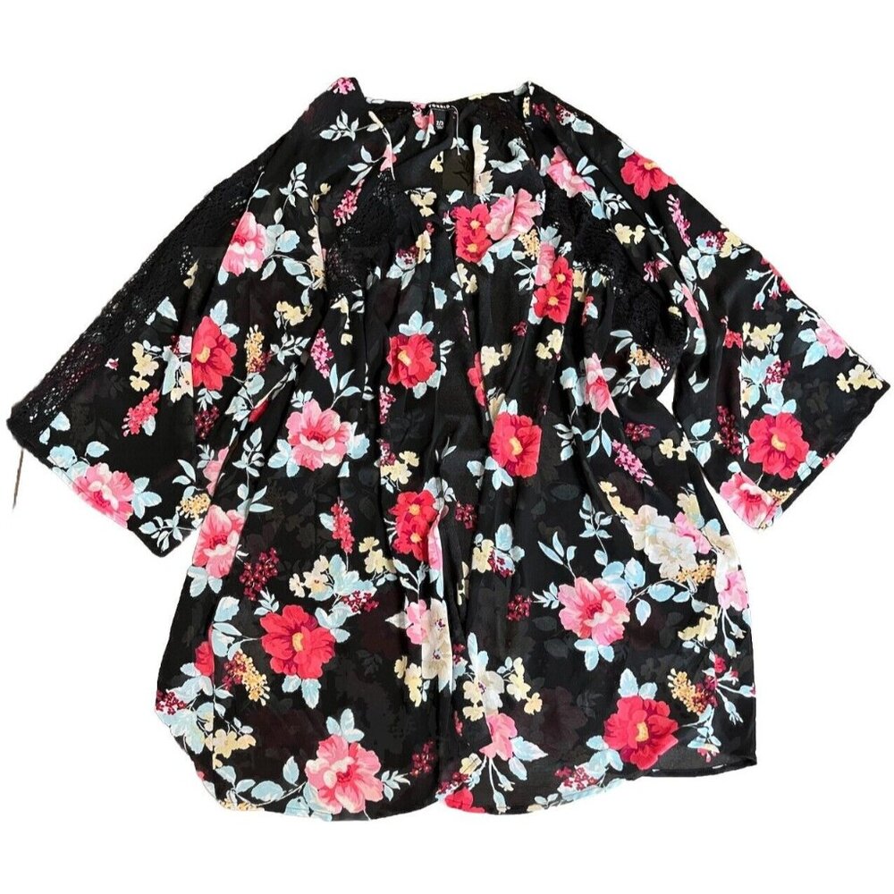 Torrid‎ Black Floral Chiffon Lace Trim Sz 2/3 Kimono